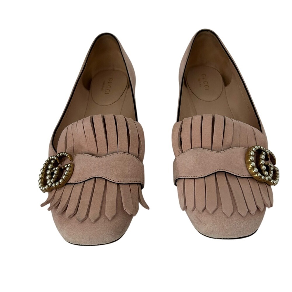 Gucci Kid Scamosciato Leather Suede GG Marmont Fringe Ballet Flats Loafers 36.5 - Picture 2 of 14
